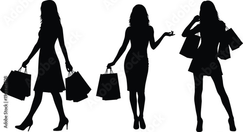Vector silhouettes of stylish women carrying shopping bags featuring various walking and standing poses for retail sales and fashion promotion