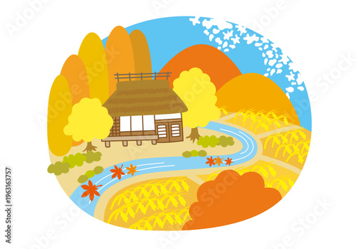 日本の昔の田舎の民家_秋イラスト