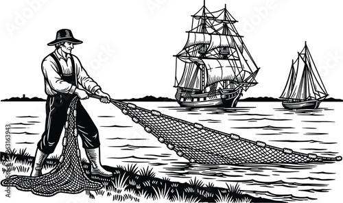 Vintage woodcut illustration showing a traditional fisherman pulling a large net from the sea with historical sailing ships in background.