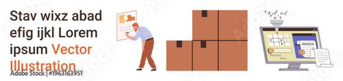 Logistics, e-commerce, warehouse workflow, invoice management, supply chain, digital platforms. Worker stacking boxes, computer displaying invoice software. Logistics and e-commerce visualization