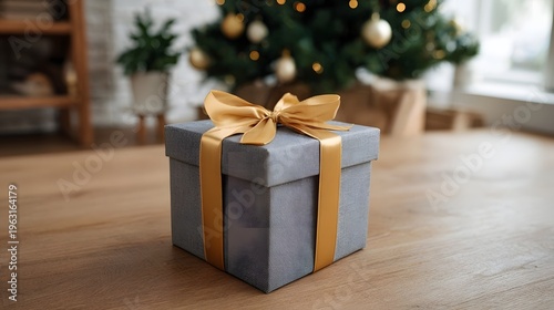 A festive grey gift box with a golden ribbon and bow rests on a wooden floor with a blurred Christmas tree in the background