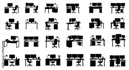 Varied office desk arrangements featuring diverse computer workstations and ergonomic setups