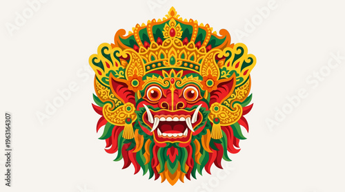Vibrant and intricate illustration of a traditional Balinese Barong mask, featuring a red face, golden crown, and elaborate green and red decorations.
