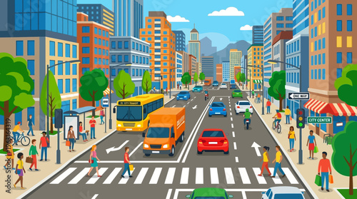 A vibrant cartoon illustration of a bustling city street with cars, buses, trucks, pedestrians, and tall buildings under a clear sky.