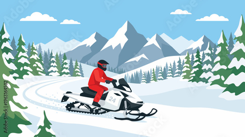 A person in a red suit riding a white snowmobile through a snowy mountain landscape with pine trees and a blue sky.