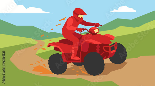 A person in a red suit and helmet rides a red ATV on a winding dirt path through green hills under a blue sky, with dirt splashing.