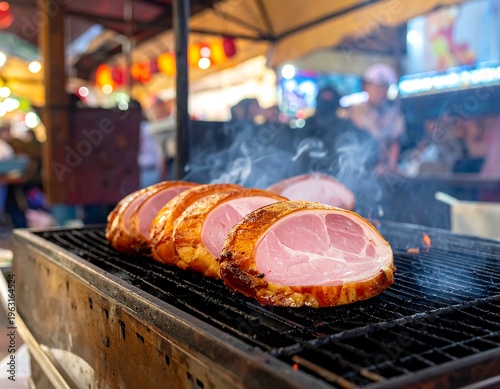 Wallpaper Mural Sliced, grilled meat on a charcoal grill with visible smoke. Backgroud features street food and crowds Torontodigital.ca