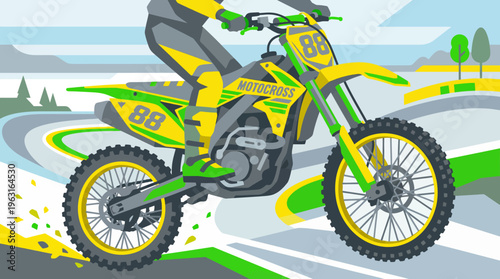 A vibrant illustration of a motocross rider on a green and yellow dirt bike, kicking up dust on an outdoor track with number 88.