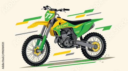 Vibrant green and yellow racing dirt bike with number 77, depicted with dynamic speed lines on a light background.