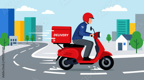 A delivery person on a red scooter with a delivery box riding through a city street, illustrating fast and efficient urban delivery services.