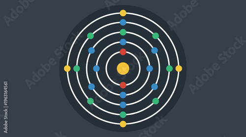 Stylized atomic model with concentric circles and colorful dots on a dark background.