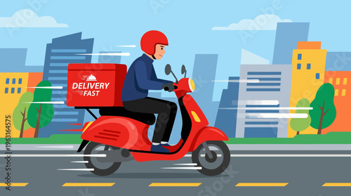 A delivery person on a red scooter with a package box, speeding through a modern city street with buildings in the background, illustrating fast urban delivery service.