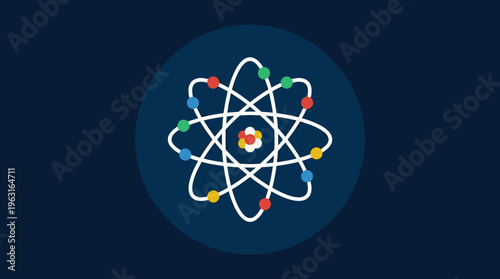 A stylized atom icon with colorful electrons orbiting a central nucleus on a dark blue background, representing science and discovery.