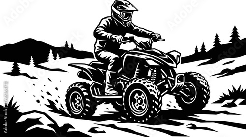 Black and white vector illustration of an ATV rider navigating a rugged off-road trail with mountains and trees in the background, kicking up dirt.