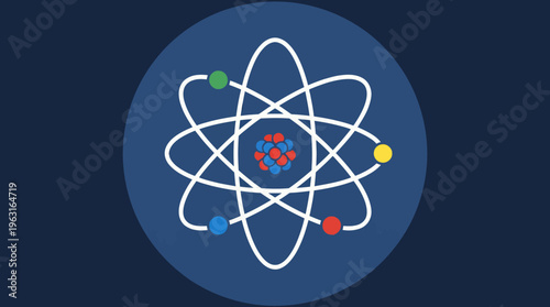 A stylized illustration of an atom with a central nucleus and multiple electrons orbiting on elliptical paths against a dark blue background.
