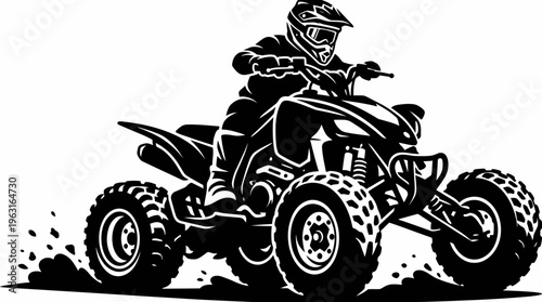 Dynamic black and white vector illustration of an ATV rider in action, kicking up dirt during an off-road adventure.