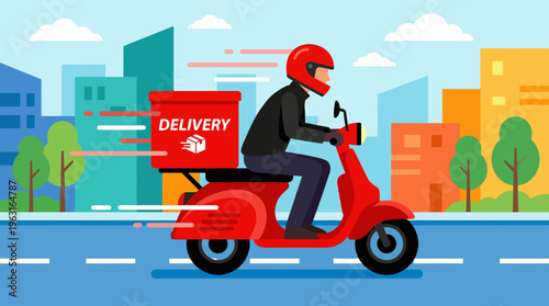 A delivery person on a red scooter with a package box speeding through a vibrant city street, illustrating fast and efficient urban delivery service.