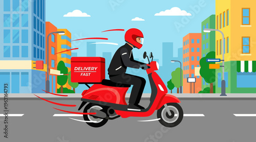 A fast delivery person on a red scooter speeding through a vibrant city street with modern buildings in the background under a clear sky.