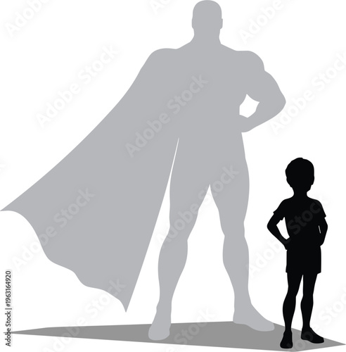 Silhouette of Small Boy Standing Proudly with Large Superhero Shadow in Cape Representing Childhood Imagination Courage Role Model and Aspirations Isolated on White Background