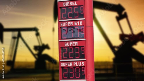 Ölfeld mit Bohrtürmen als Symbol für die Ölförderung und Preistafel an der Tankstelle mit hohen Kraftstoffpreisen