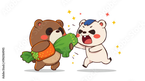 Cartoon Bears Fighting over Vegetables Funny Illustration