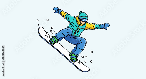 Freestyle snowboarder jumping in midair on snowy mountain slope