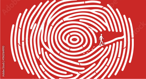 Fingerprint Path Concept with Tiny Person Walking Unique Identity Journey and Individual Life Direction Illustration