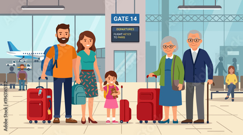 A multi-generational family with luggage standing in an airport terminal near a departure gate, ready for travel.