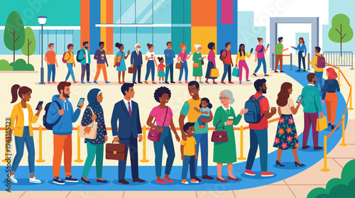 A diverse crowd of people waiting in two organized lines outside a modern building entrance for an event or service.