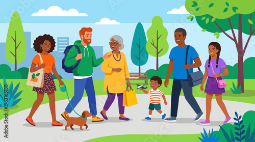 Diverse group of people, including families and an elderly woman, walking with a dog in a vibrant park setting on a sunny day.