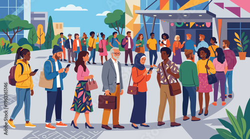 A diverse group of people waiting in a long queue outside a modern building, many using their mobile phones in an urban setting.