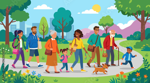 A diverse group of people of all ages, including children, adults, and seniors, walking with a small dog in a sunny park with city and mountains.