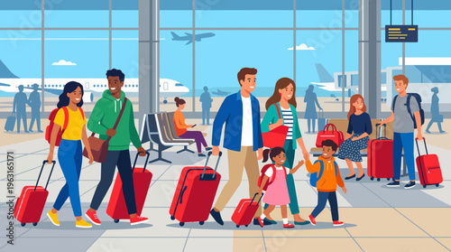 Diverse groups of people, including families and couples, walking through a bustling airport terminal with luggage, ready for travel.