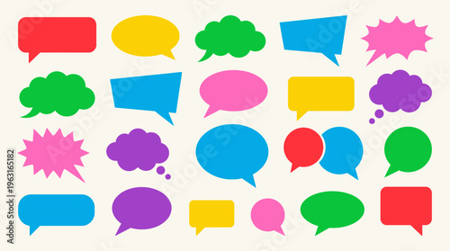 A vibrant collection of diverse speech and thought bubbles in various shapes and colors, perfect for communication and dialogue representation.