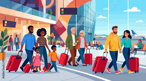Diverse groups of people, including families and couples, walking with red suitcases outside a modern airport terminal, ready for travel.