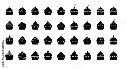 Assorted black and white cupcake toppers arranged in a grid pattern