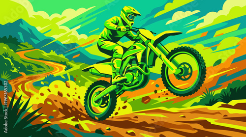 Vibrant illustration of a dirt bike rider performing a jump on a winding mountain trail with lush green and yellow landscapes.