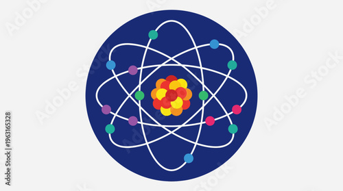 A vibrant and colorful stylized atomic model with a multi-colored nucleus and electrons orbiting on elliptical paths within a dark blue circle.
