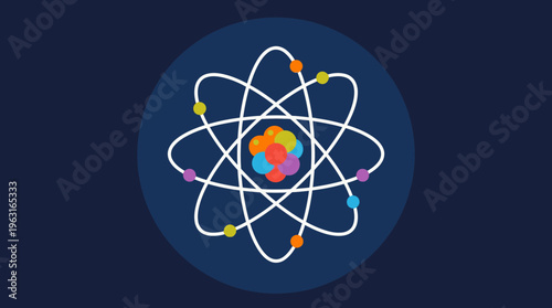 A vibrant and colorful stylized atomic model with electrons orbiting a multi-colored nucleus, set against a dark blue circular background, representing science and physics.