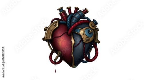 Steampunk Mechanical Heart Illustration with Intricate Gears and Red and Blue Elements