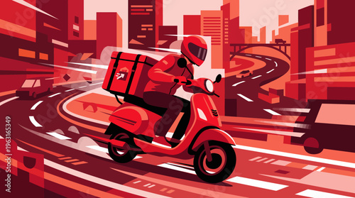 Dynamic illustration of a delivery rider on a red scooter speeding through a vibrant, stylized city street with buildings and roads in the background.