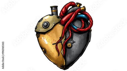 Heart Mechanical Steampunk Design with Intricate Golden and Metallic Gray Halves