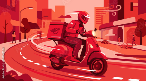 A vibrant illustration of a delivery rider on a scooter speeding through a red-toned urban landscape, carrying a package box.