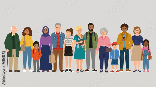 Diverse group of people of all ages, genders, and ethnicities standing together, representing a multiethnic community or society.