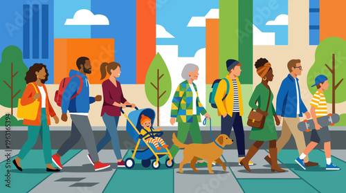 A diverse group of people, including adults, children, and a senior, walking with a dog and a stroller on a vibrant city street.