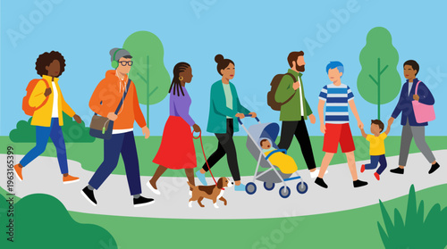 Diverse group of people walking together in a park, including adults, children, and a dog, enjoying an outdoor stroll.