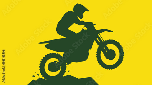 Dynamic silhouette illustration of a motocross rider on a dirt bike jumping over a small hill with a vibrant yellow background.