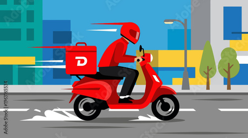 A fast delivery driver on a red scooter with a delivery box speeds through a city street, illustrating modern urban logistics.