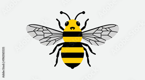 Simple cartoon illustration of a yellow and black striped honey bee with transparent wings.