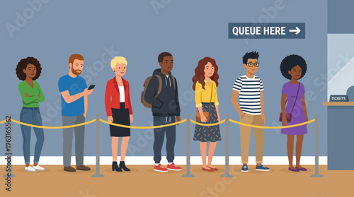 A diverse group of people patiently waiting in a queue at a service counter, following a 'QUEUE HERE' sign and stanchions.